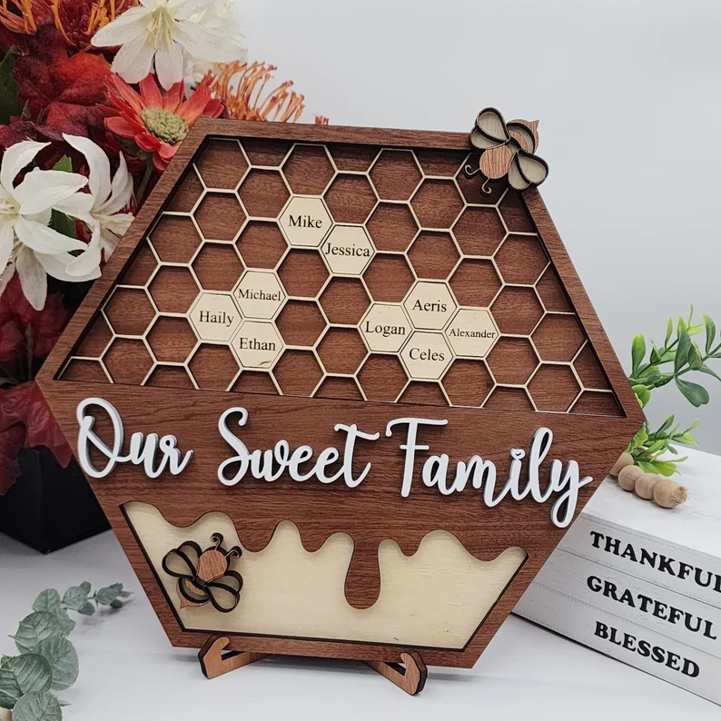 Personalized Bee Hive Family Tree Wood Name Sign Mother's Day Gift