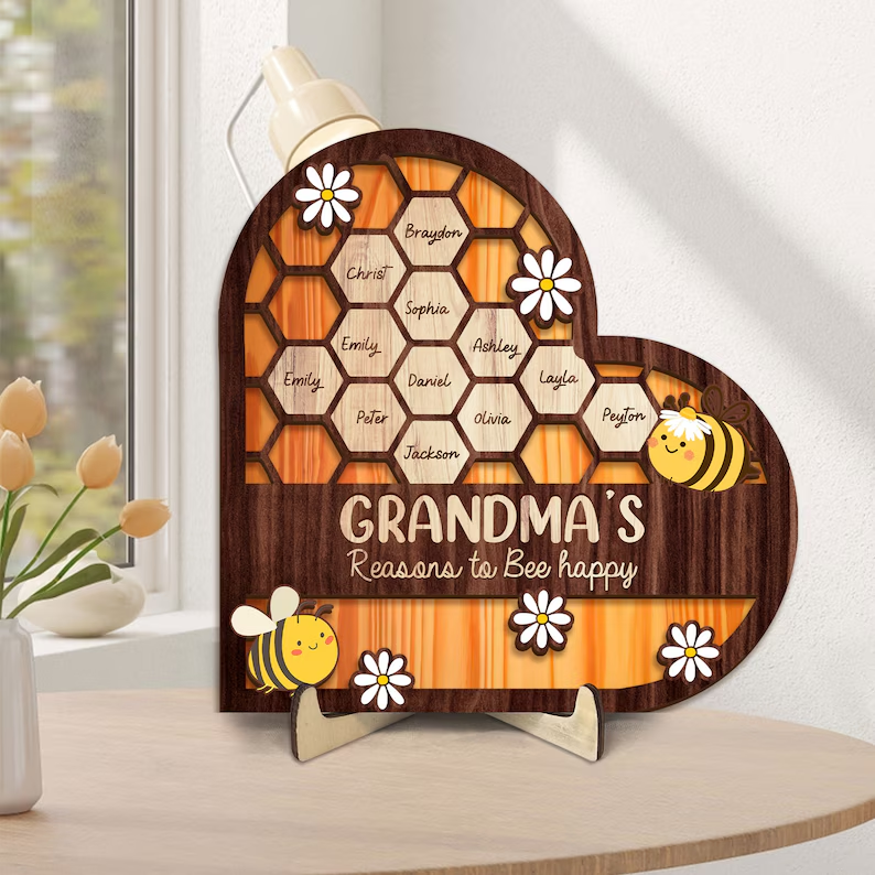 Personalized Bee Hive Family Tree Wood Name Sign Mother's Day Gift