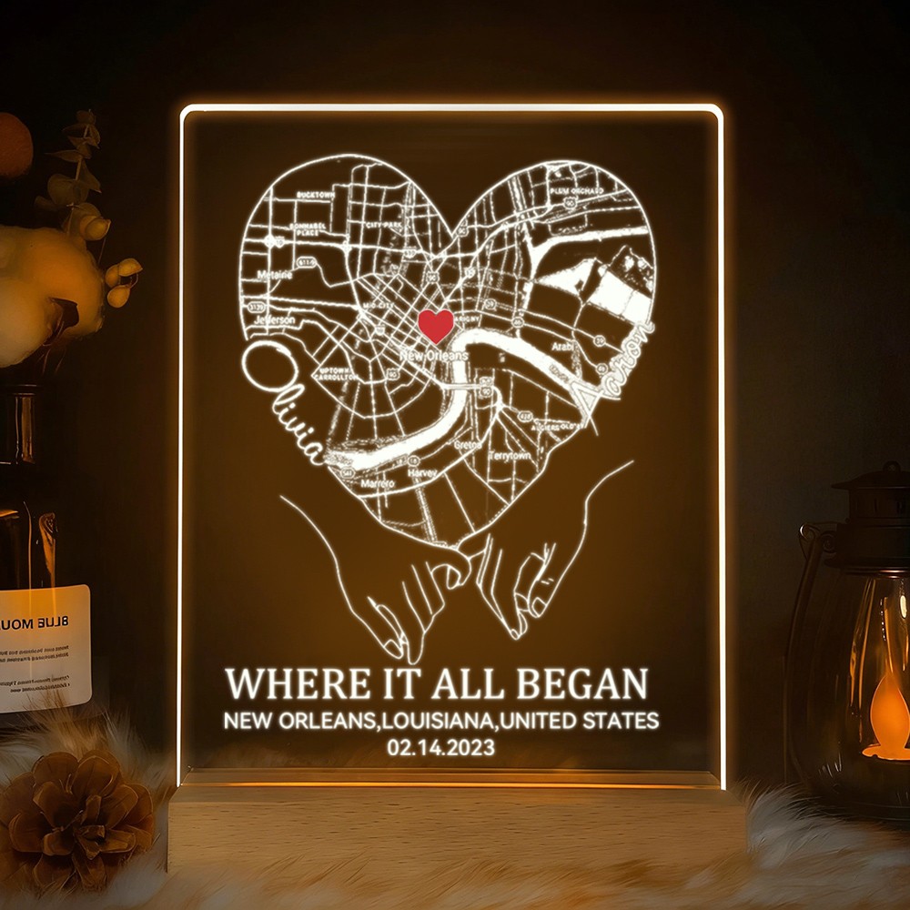 Custom Where It All Began Acrylic Map Night Light for Couple