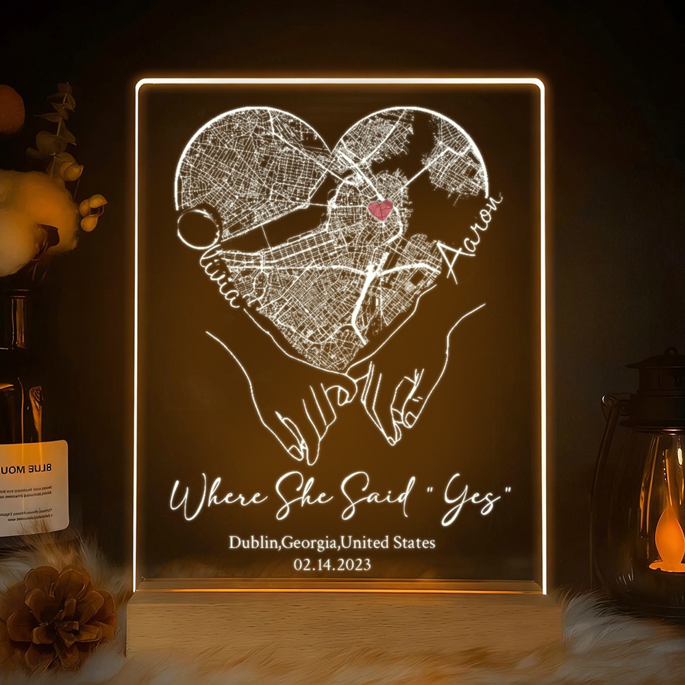 Custom Where She Said Yes Acrylic Map Night Light for Couple