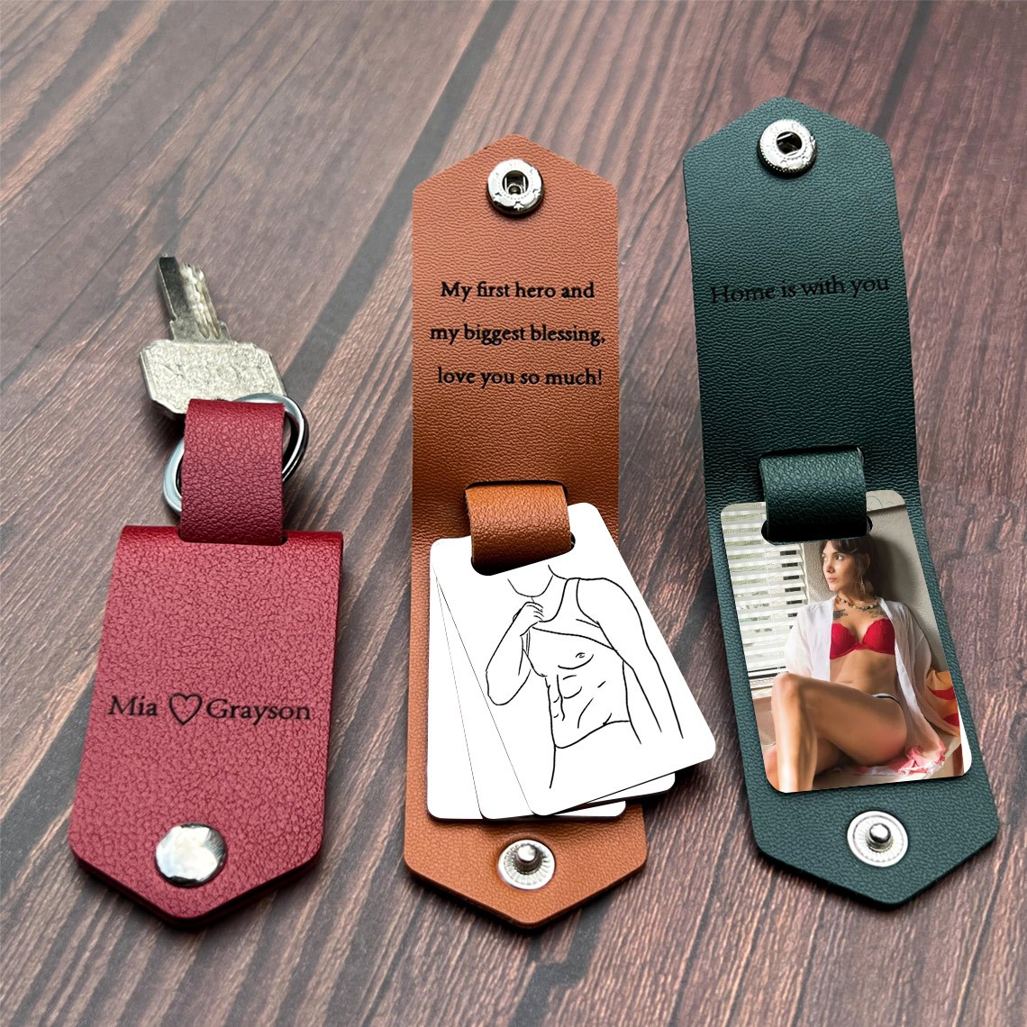 Custom Leather Keychain for Couples with Six Boudoir and Spicy Photos