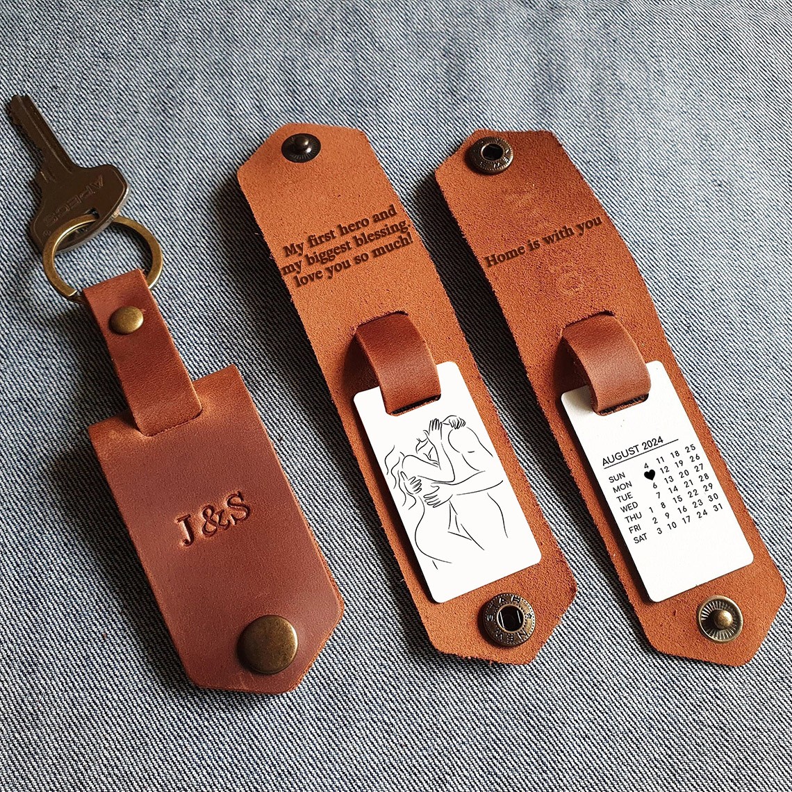 Custom Leather Keychain for Couples with Three Spicy Photos and Dates