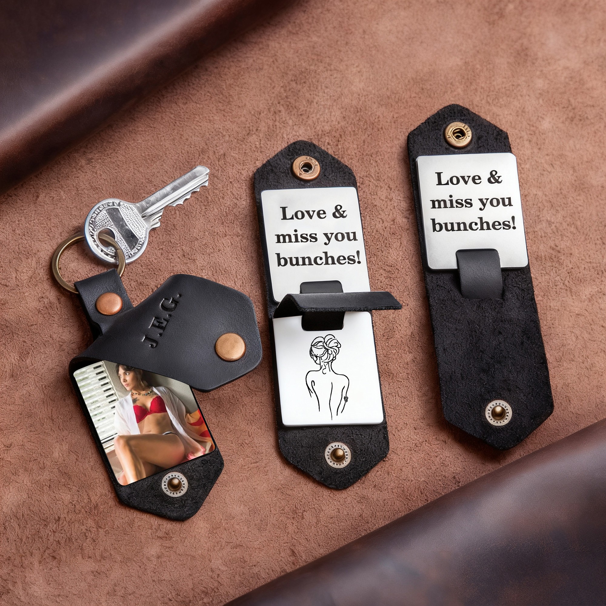 Custom Leather Keychain for Couples with Three Spicy Photos and Texts