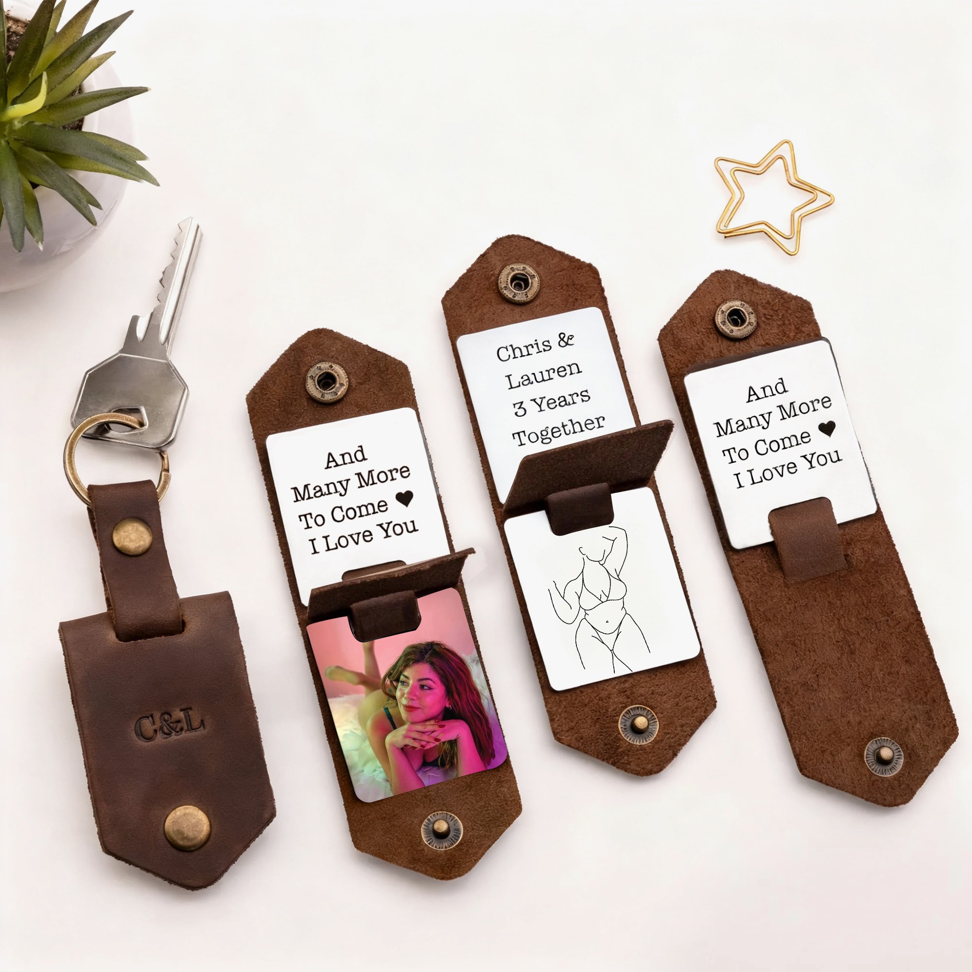 Custom Leather Keychain for Couples with Three Spicy Photos and Texts