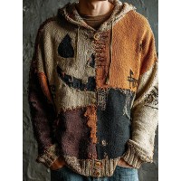 Men's Halloween Pumpkin Face Colorblock Stitched Cozy Knit Hooded Sweater