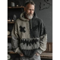 Men's Halloween Spooky Face Colorblock Stitched Hooded Cozy Knit Sweater