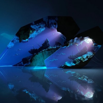 Divers Explore Shipwreck Resin Night Light Resin Wood Lamp Blue Ocean Miniature