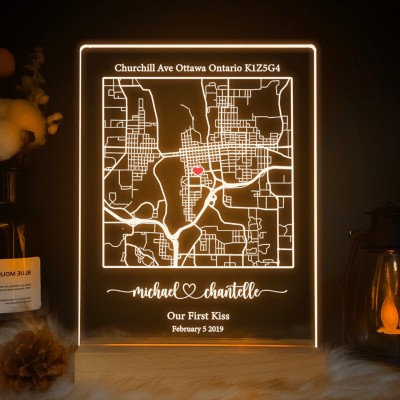 Custom Our First Kiss Acrylic Map Night Light for Couple