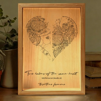 Personalized Two Halves of the Same Heart Map Light Box for Couple
