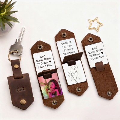 Custom Leather Keychain for Couples with Three Spicy Photos and Texts